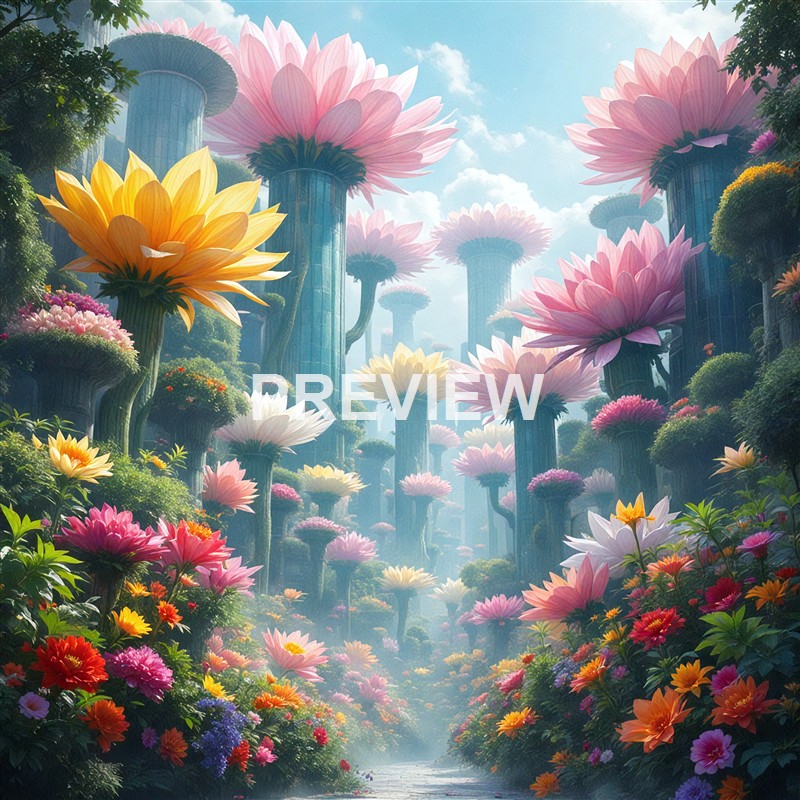 A fantastical landscape featuring enormous, colorful flowers with pink, yellow, and white petals growing on tall, blue, pillar-like structures under a bright sky with clouds.